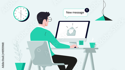 Office Worker Busy Business Man or Freelancer Working on Laptop Sitting at Table Workplace Thinking of Task. Freelance Outsourced Employee Occupation Brainstorm. Cartoon Flat Vector Illustration