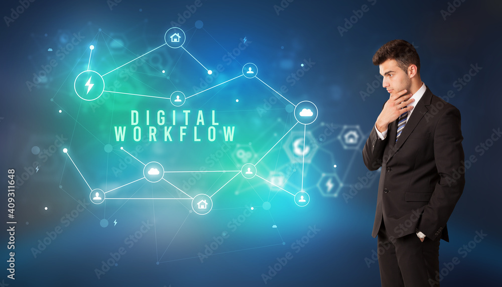 Businessman in front of cloud service icons with DIGITAL WORKFLOW inscription, modern technology concept Businessman in front of cloud service icons with DIGITAL WORKFLOW inscription, modern technology concept