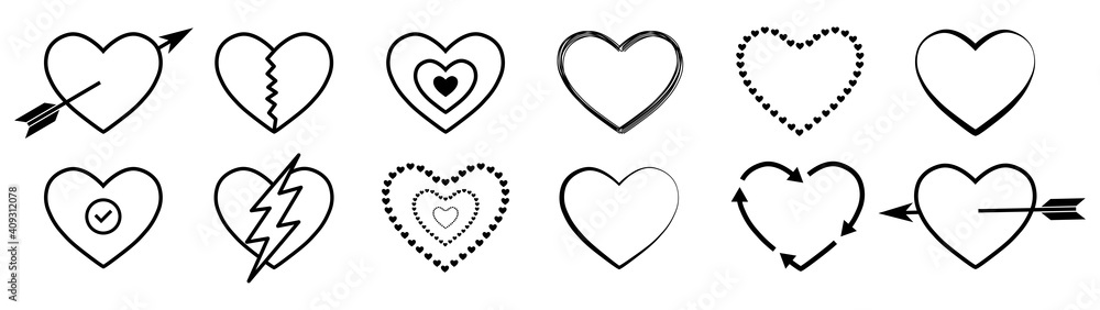 Set of different hearts. Heart and love, design elements for Valentine's day. Heart shapes. Vector illustration.