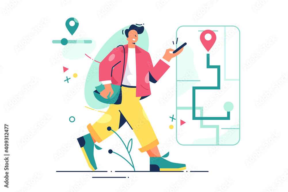 Man walk with navigation vector illustration. Guy uses gps to find address on map flat style. Online map and location application concept. Isolated on white background