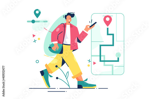 Man walk with navigation vector illustration. Guy uses gps to find address on map flat style. Online map and location application concept. Isolated on white background