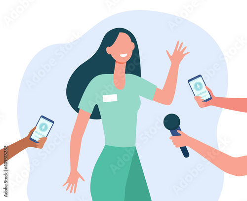Journalists interviewing young woman. Celebrity, expert, voice recorder. Flat vector illustration. Press, journalism, communication concept for banner, website design or landing web page