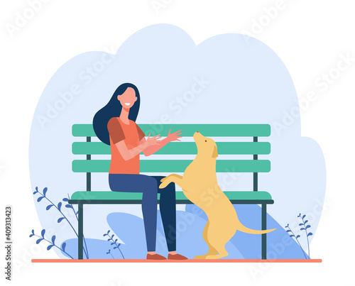 Woman walking dog in park. Girl playing with her pet outside. Flat vector illustration. Domestic animal, dog training, leisure concept for banner, website design or landing web page