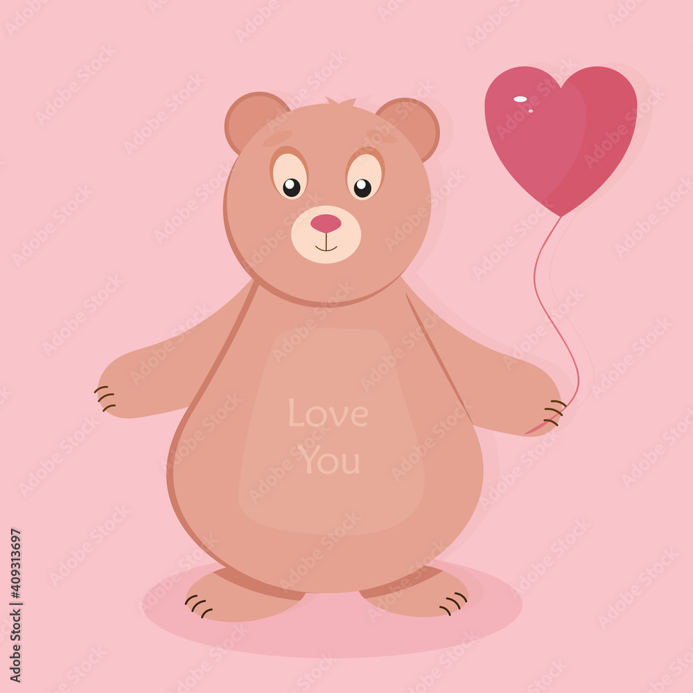 Happy cartoon bear with balloon. Love you