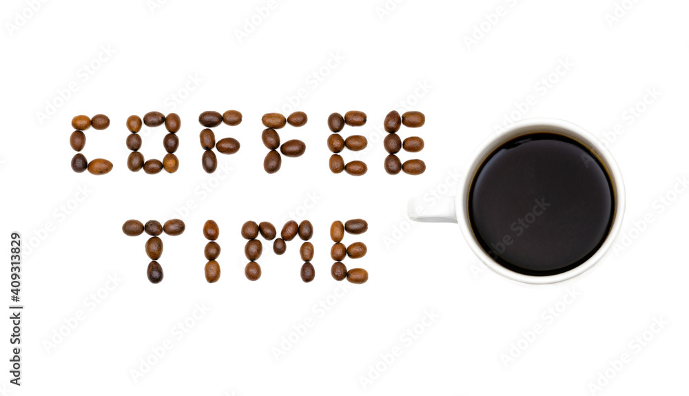 Obraz premium Coffee beans arranged in letters reading coffee time and a coffee cup isolated on white. Coffee break concept.