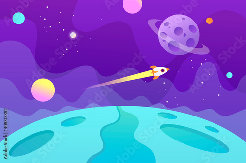 Horizontal space background with flying spaceship and planets.  Web design. Space exploring. Vector childish cartoon illustration. EPS 10. 