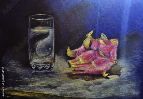 still life with glass and pitahaya pastel paper