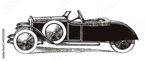 Antique three-wheeled runabout cyclecar in side view, after an illustration from the early 20th century