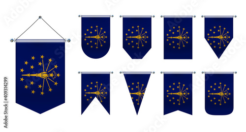 3D Realistic Pennants Hanging Flags of INDIANA state USA. Vertical Template design set national flags of country for travel, sport, advertising, signboard, website, award, achievement, festival