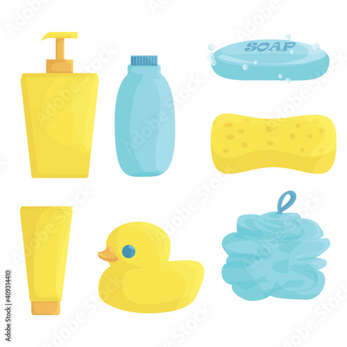 bathroom items. means for washing: shower gel, shampoo, solid soap, facial foam, cream, washcloth and sponge. duck for the bathroom. vector flat. isolated.