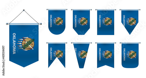 3D Realistic Pennants Hanging Flags of OKLAHOMA state USA. Vertical Template design set national flags of country for travel, sport, advertising, signboard, website, award, achievement, festival