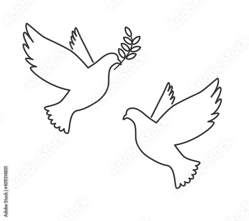 Black Silhouette of Flying Dove with Olive Twig Vector Icon Template