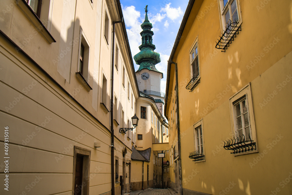 View on Michalska tower in Bratislava old town