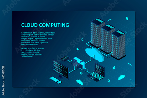 Cloud computing concept isometric vector illustration. Isometric cloud technology with datacenter. Server, desktop computer, laptop, smartphone, and folder connected to cloud service. Web hosting.