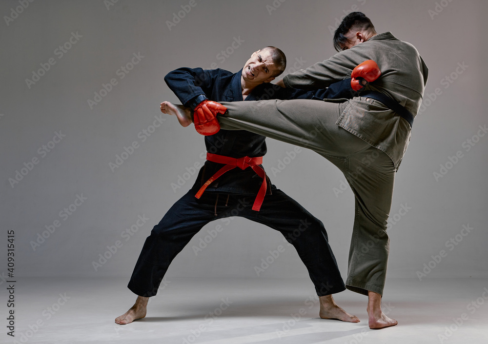 Athletic guys fighting, wearing kimono and boxing gloves on gray studio background with copy space, mixed fight concept Athletic guys fighting, wearing kimono and boxing gloves on gray studio background with copy space, mixed fight concept