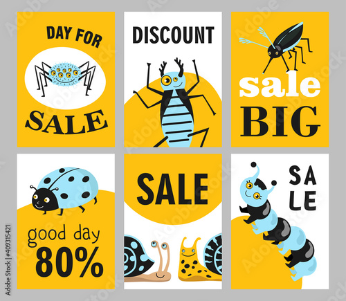 Big sale brochure designs with funny insects for shop or store. Smiling spider  centipede  cockroach  ladybug  snail  mosquito. Promotion and fauna concept. Template for promotional leaflet or flyer