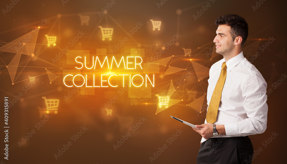 Businessman with shopping cart icons and SUMMER COLLECTION inscription, online shopping concept Businessman with shopping cart icons and SUMMER COLLECTION inscription, online shopping concept