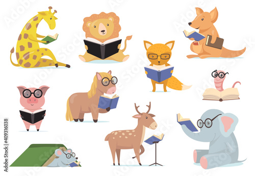 Smart animals in glasses reading books flat set for web design. Cartoon cute elephant, giraffe, lion, fox, pig holding book isolated vector illustration collection. Library and education concept