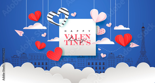 Valentine's Day pink paris city paper cut heart card