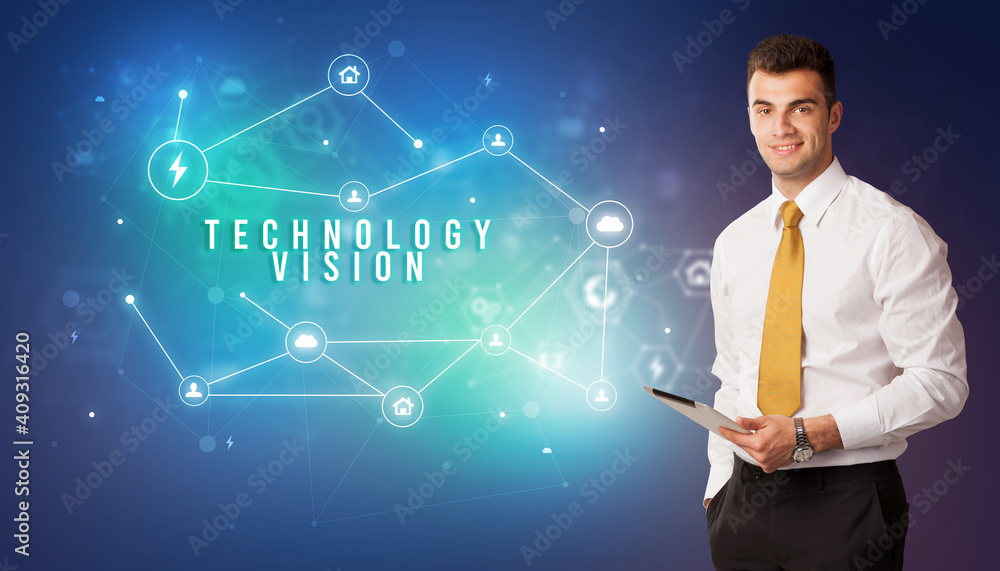 Businessman in front of cloud service icons with TECHNOLOGY VISION inscription, modern technology concept Businessman in front of cloud service icons with TECHNOLOGY VISION inscription, modern technology concept