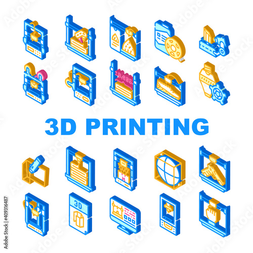 3d Printing Equipment Collection Icons Set Vector