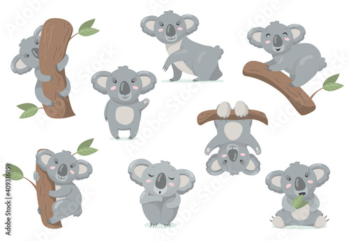 Adorable koala baby flat set for web design. Cartoon cute Australian bear standing, climbing tree and eating eucalyptus leaf isolated vector illustration collection. Wildlife and animals concept