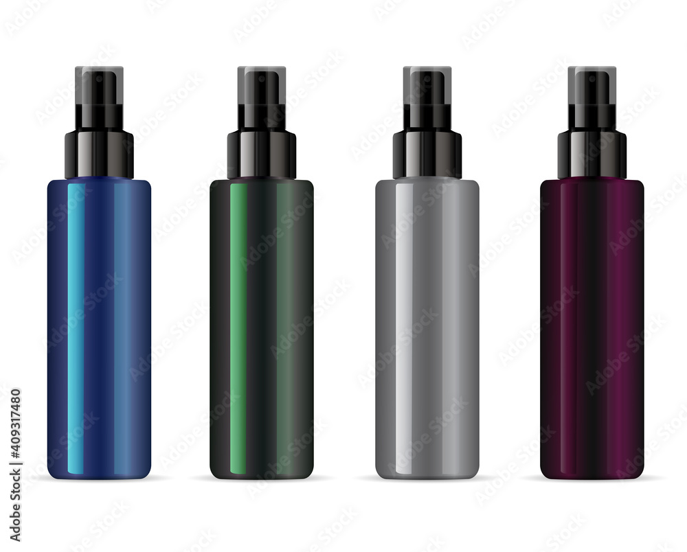 Cosmetic spray bottle mockup, clear vector packaging with pump dispenser cap. Atomizer dispenser cylinder package. Aerosol spray product template. Deodorant or hairspray illustration Cosmetic spray bottle mockup, clear vector packaging with pump dispenser cap. Atomizer dispenser cylinder package. Aerosol spray product template. Deodorant or hairspray illustration