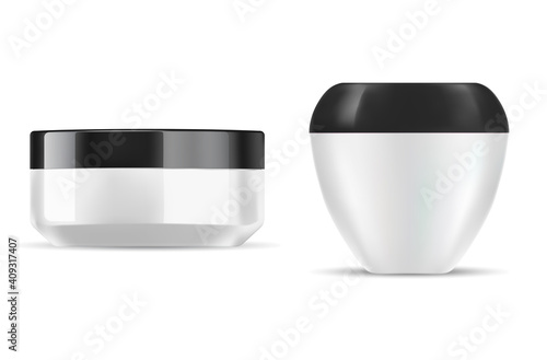Cream jar white plastic vector container. beauty cosmetic bottle for face skin scrub, isolated creme package blank with black lid. Realistic empty round 3d packaging, glossy bowl for butter