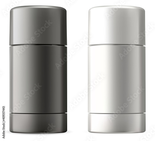 Deodorant stick. White, black bottle mockup blank. Glossy plastic cosmetics packaging for antiperspirant or balm. Beauty peoduct tube mock up. Realistic deodorant pack