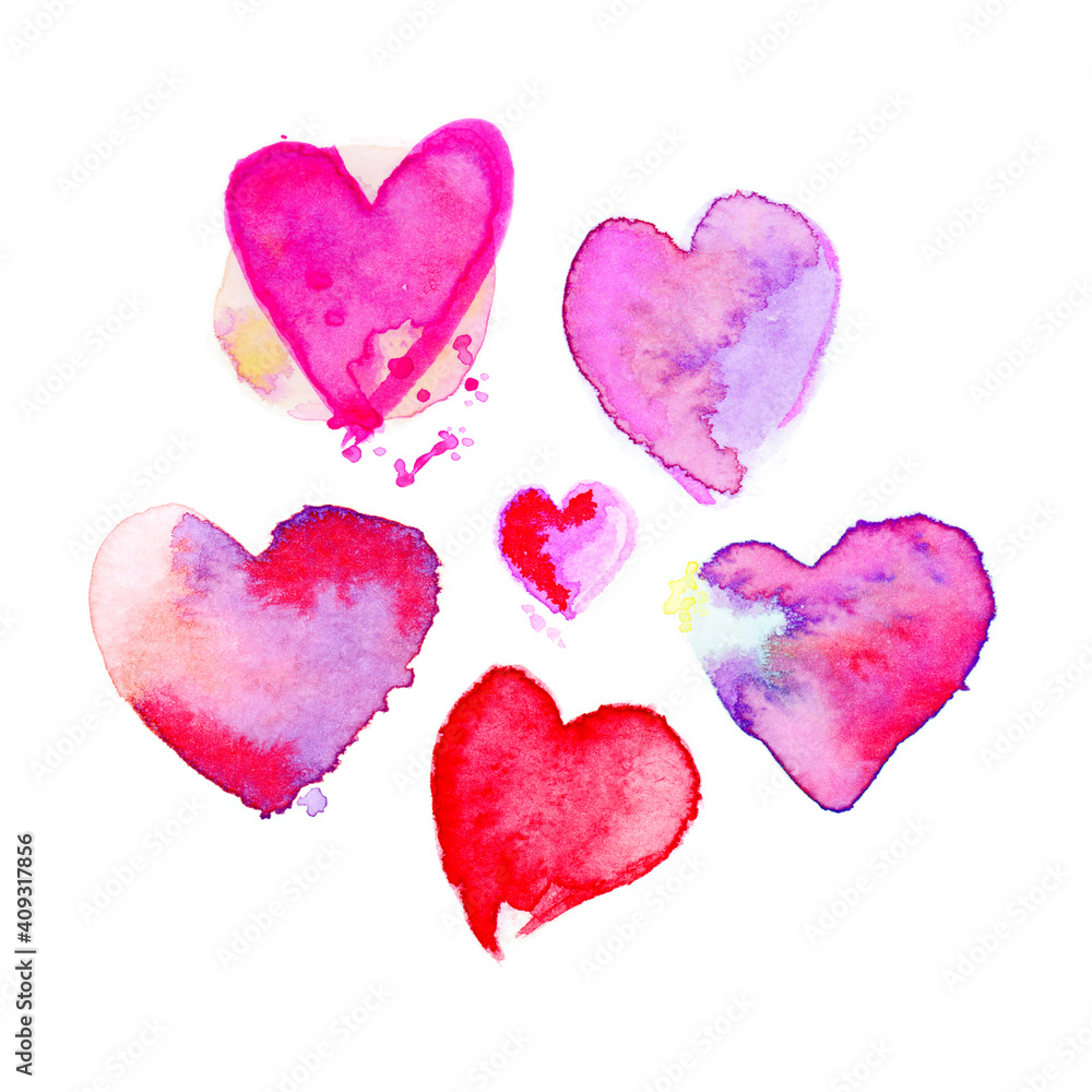 Colorful watercolor sketch of hearts isolated on white background. Symbol of Valentines day, romance and love. Naive hand painting aquarelle. A seamless pattern, cute greeting card design.