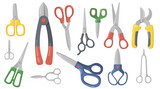 Creative scissors, shears and secateurs flat item set. Cartoon cutting or trimming professional instruments isolated vector illustration collection. Craft and scissoring concept