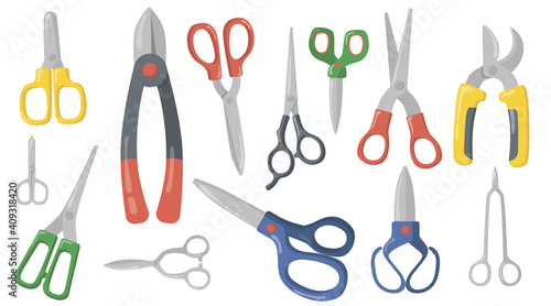 Creative scissors  shears and secateurs flat item set. Cartoon cutting or trimming professional instruments isolated vector illustration collection. Craft and scissoring concept