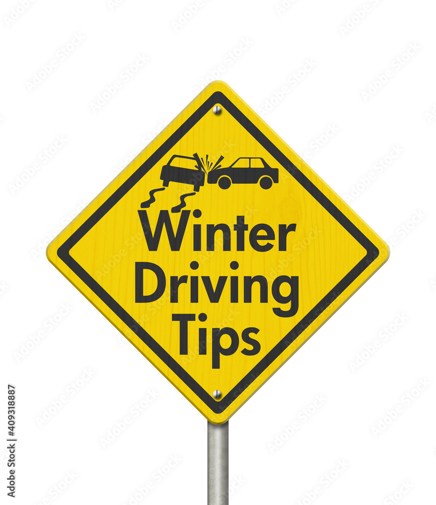 Winter Driving Tips yellow warning road sign with car crash