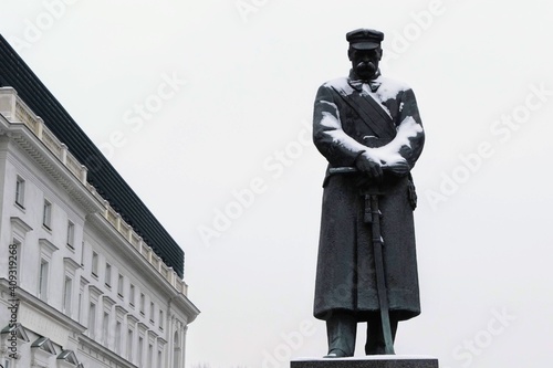 Jozef Pilsudski Monument at winter. Military leader, Marshal of Poland and one of the main figures responsible for Poland's regaining its independence. Warsaw, Poland 