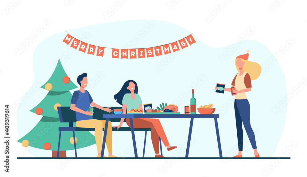 Friends celebrating Christmas together. Tree, dinner, table, decoration. Flat vector illustration. Xmas party, festive event, holiday concept for banner, website design or landing web page