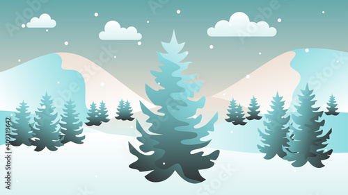 Winter time. Winter landscape with snowdrifts and snowy fir trees. Seasonal nature background. Frosty snow hills. Snowy background. Snowdrifts. Snowfall. Vector illustration.
