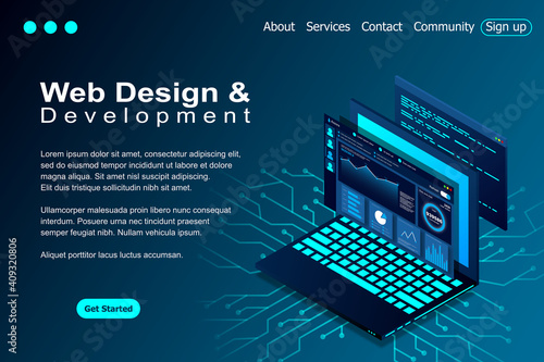 Web design and development vector isometric illustrations. web design development concept programming language program code big data processing on laptop screen. Vector illustration