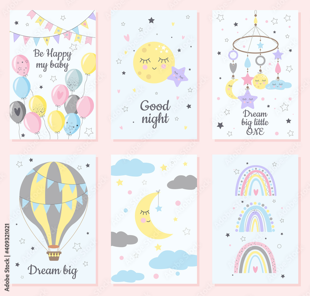 Set of rainbows, baloons, moons, with hearts, clouds, rain in childish scandinavian style style isolated on white and blue background. For kids, posters, prints, cards, fabric, children's books. Set of rainbows, baloons, moons, with hearts, clouds, rain in childish scandinavian style style isolated on white and blue background. For kids, posters, prints, cards, fabric, children's books.
