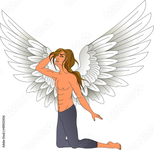angel kneels with spread wings