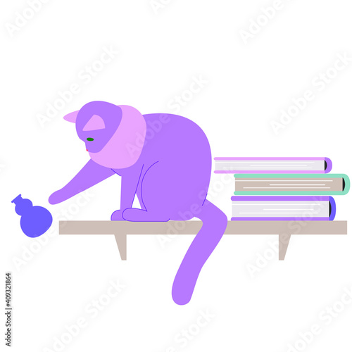 the cat drops objects. the cat pushes the dishes with its paw. the cat behaves badly. stock vector illustration with a pet on a white background.