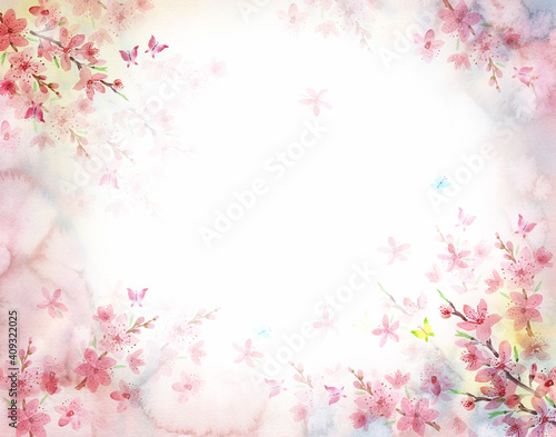 Spring pink delicate background with blooming cherry, sakura. Watercolor drawing. Fragrance