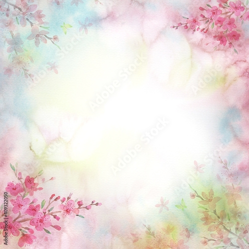 Spring pink delicate background with blooming cherry  sakura. Watercolor drawing. Fragrance