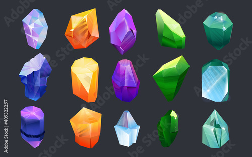Colorful gems collection set. Precious stones, jewels of abstract shapes and colors, magic crystal, emerald, amber isolated on black background. Flat illustration for jewelry, game ui, geology concept
