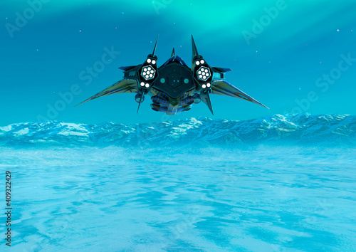 alien space ship is flying on ice planet