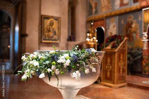 Baptismal font decorated with flowers
