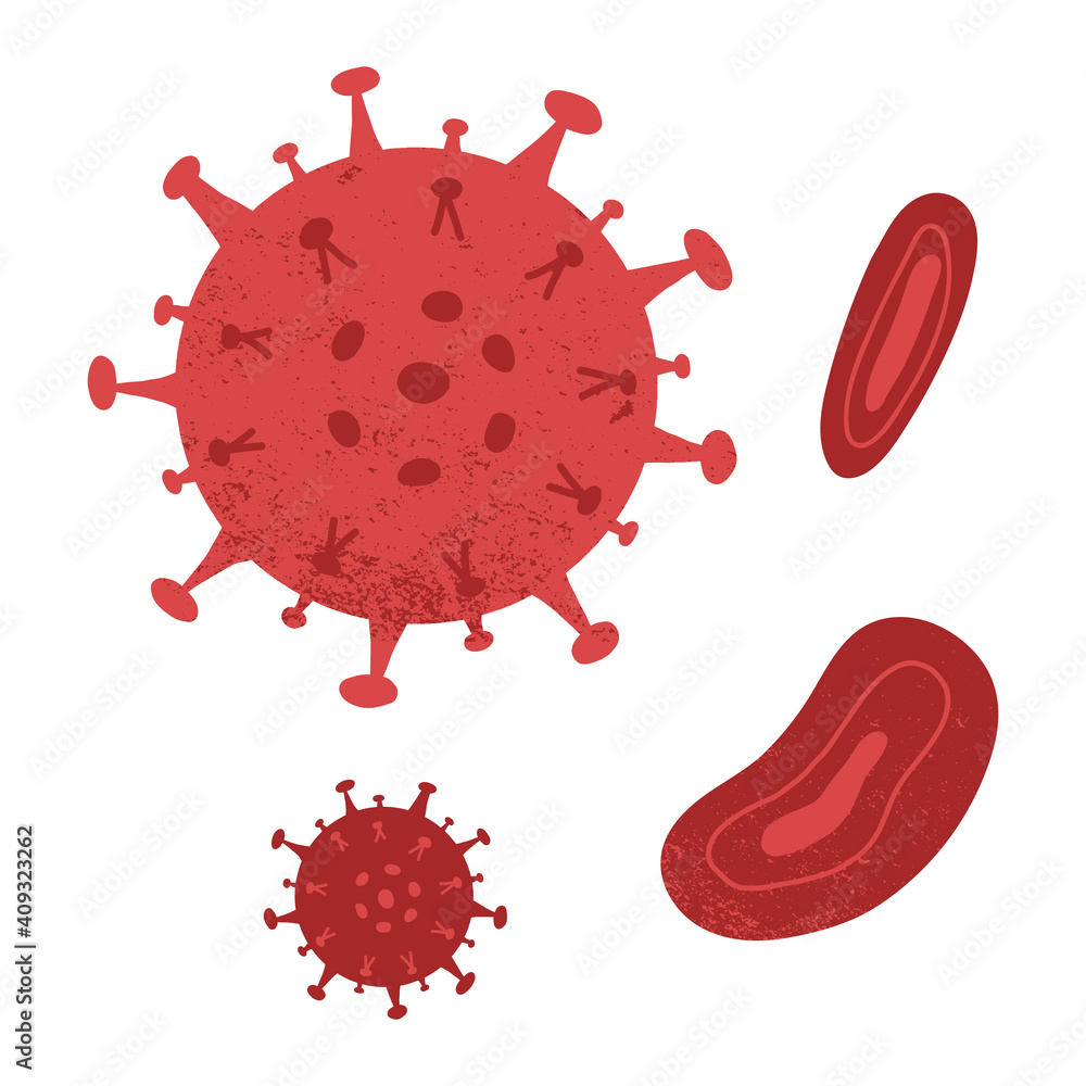 Virus mutation, Covid-19 antibodies test set. Blood corpuscle, hemic cells and virus molecules. Virus mutation, Covid-19 antibodies test set. Blood corpuscle, hemic cells and virus molecules.