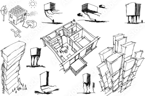many hand drawn architectectural sketches of a modern abstract architecture and detached houses and urban ideas and apartment interior