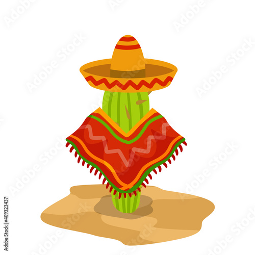 Cactus in poncho and sombrero. Mexican character. National symbols and desert plants. South American clothing. Flat cartoon illustration