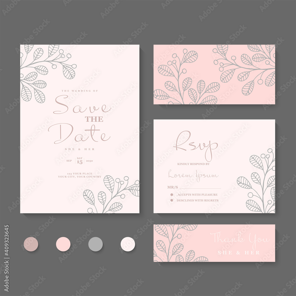 Vector illustration set of hand drawn flowers cards for wedding