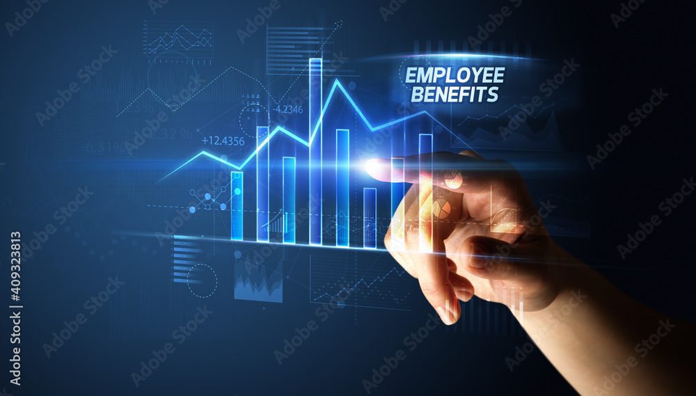 Hand touching EMPLOYEE BENEFITS button, business concept Hand touching EMPLOYEE BENEFITS button, business concept